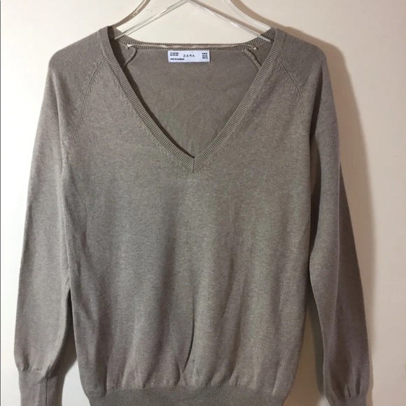Zara Women V Neck Sweater Beige XL Cotton Blend Long Sleeve - Picture 8 of 11